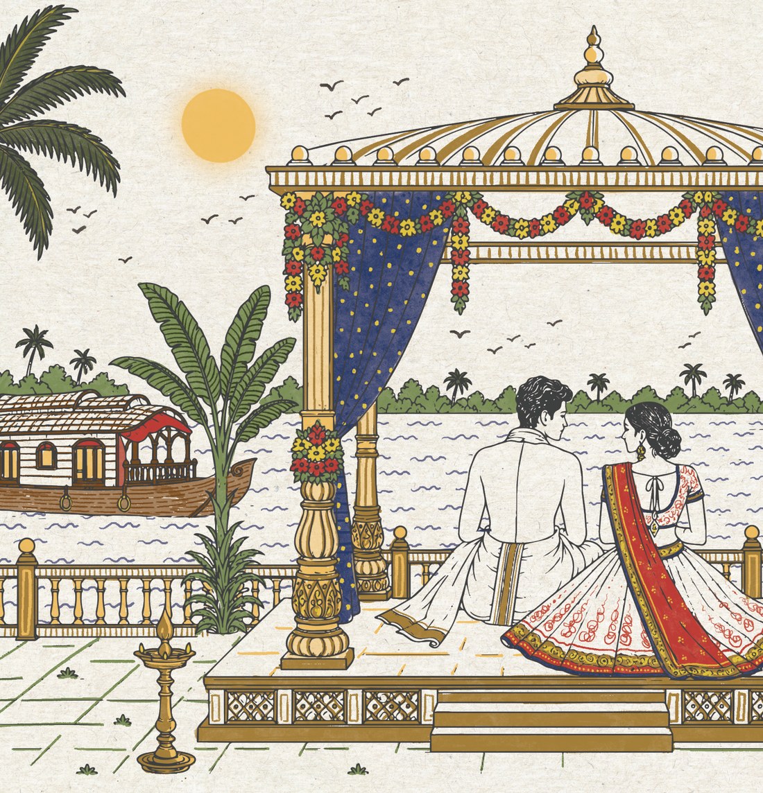 Illustration of the bride and groom seated in a mandap by Vembanad Lake