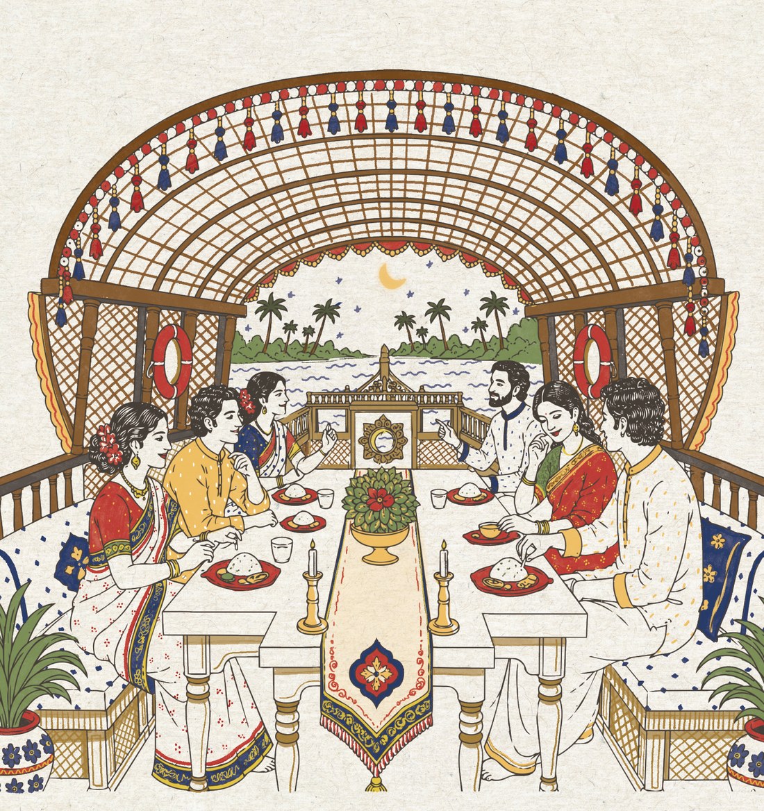 Illustration of families sharing dinner under an arch by the backwaters