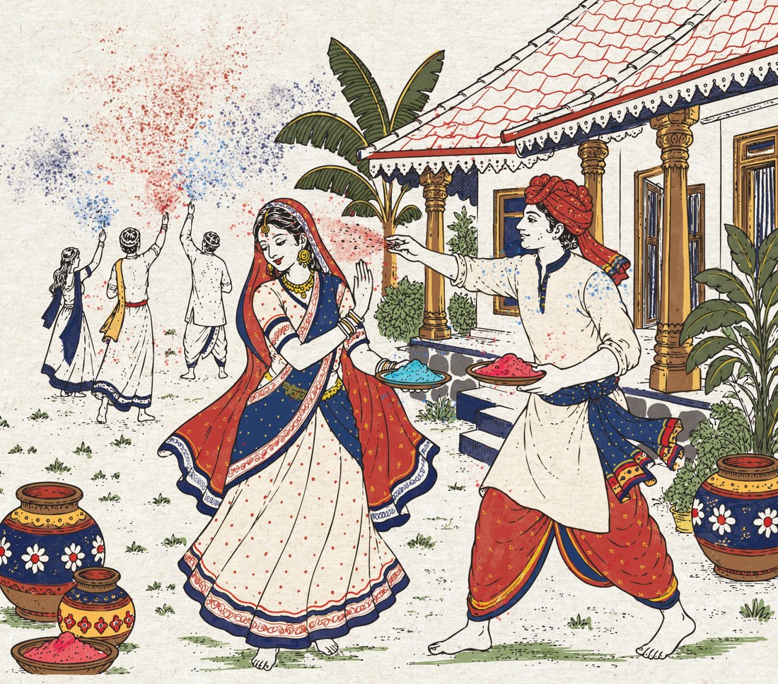 Illustration of a couple throwing colour outside a Kerala house