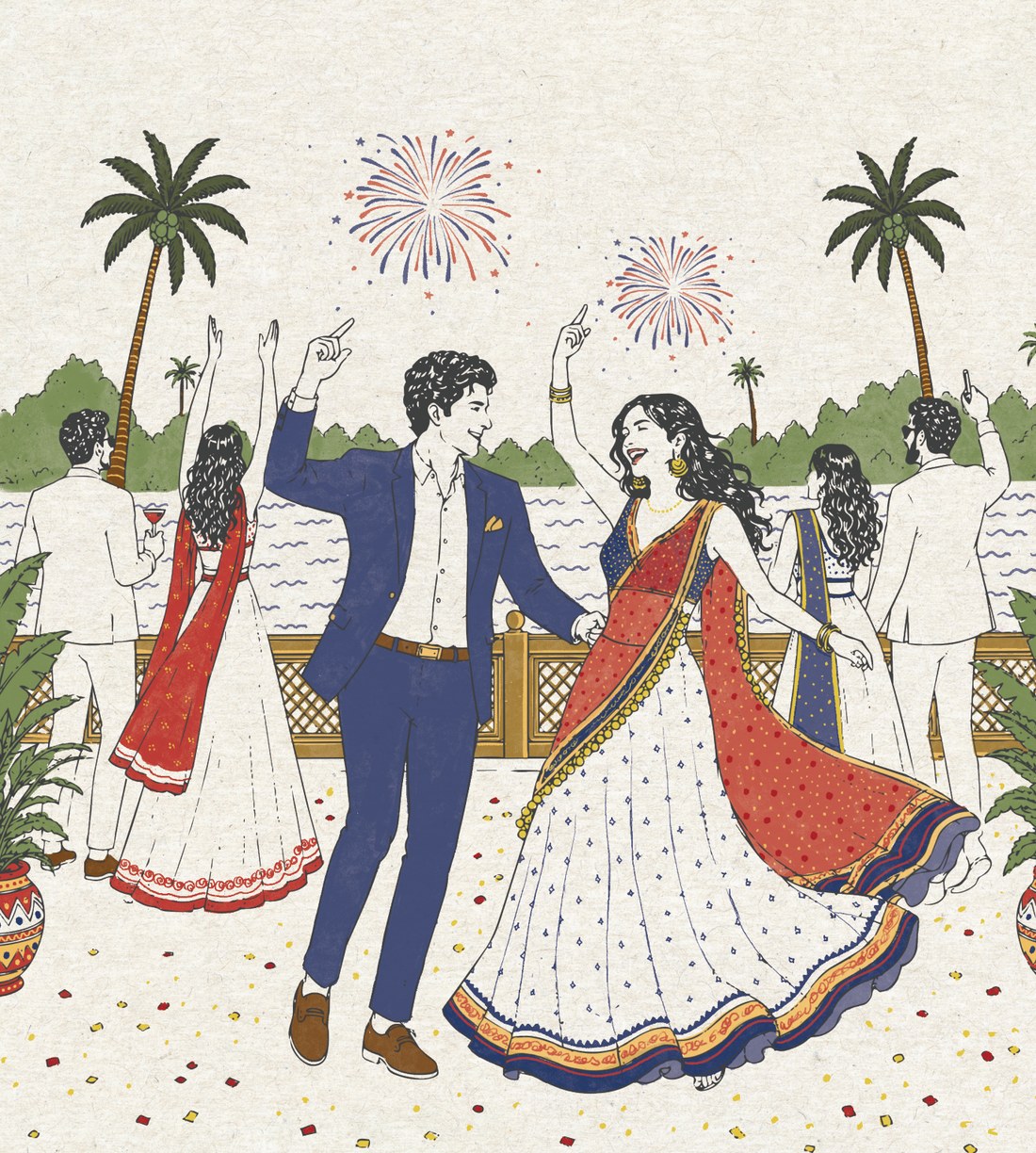 Illustration of the couple dancing under palms and fireworks