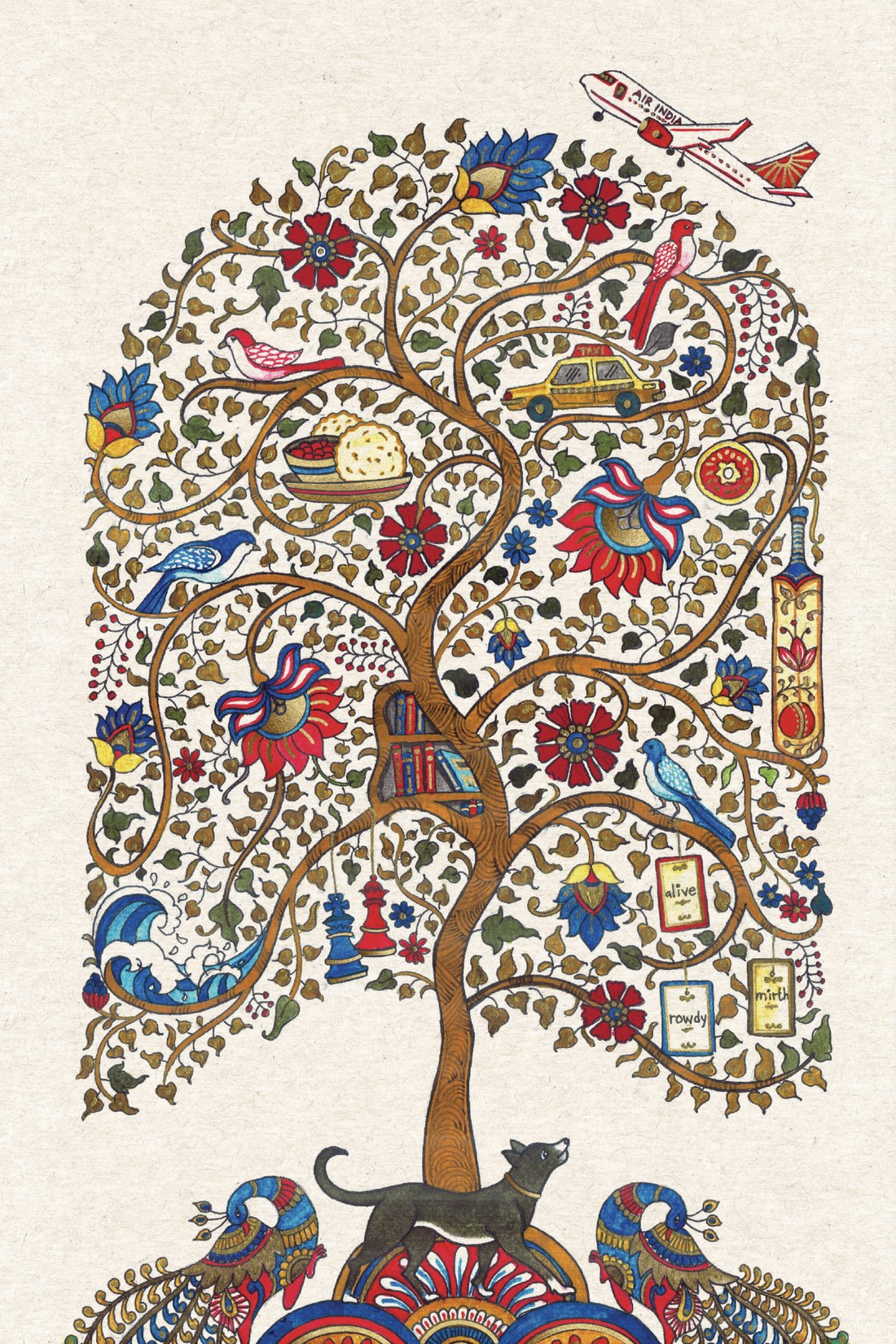 Kalamkari tree of life holding the story of Zoya and Shreyas: an Air India plane, a New York taxi, a cricket bat, chessmen, books, birds, and a dog at its roots